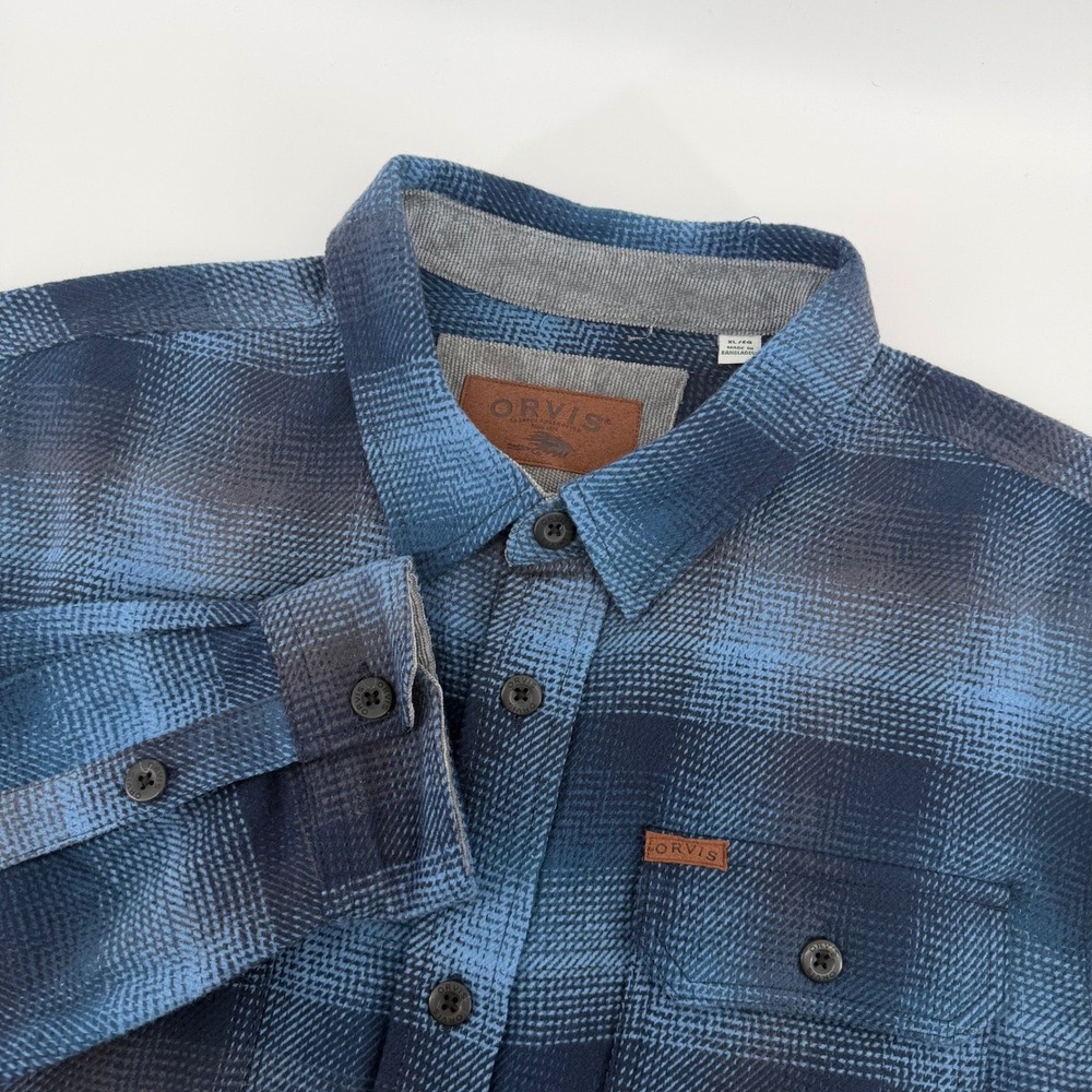 Orvis Button Down Shirt Mens XL Blue Plaid Long Sleeve Corduroy Trim Rugged